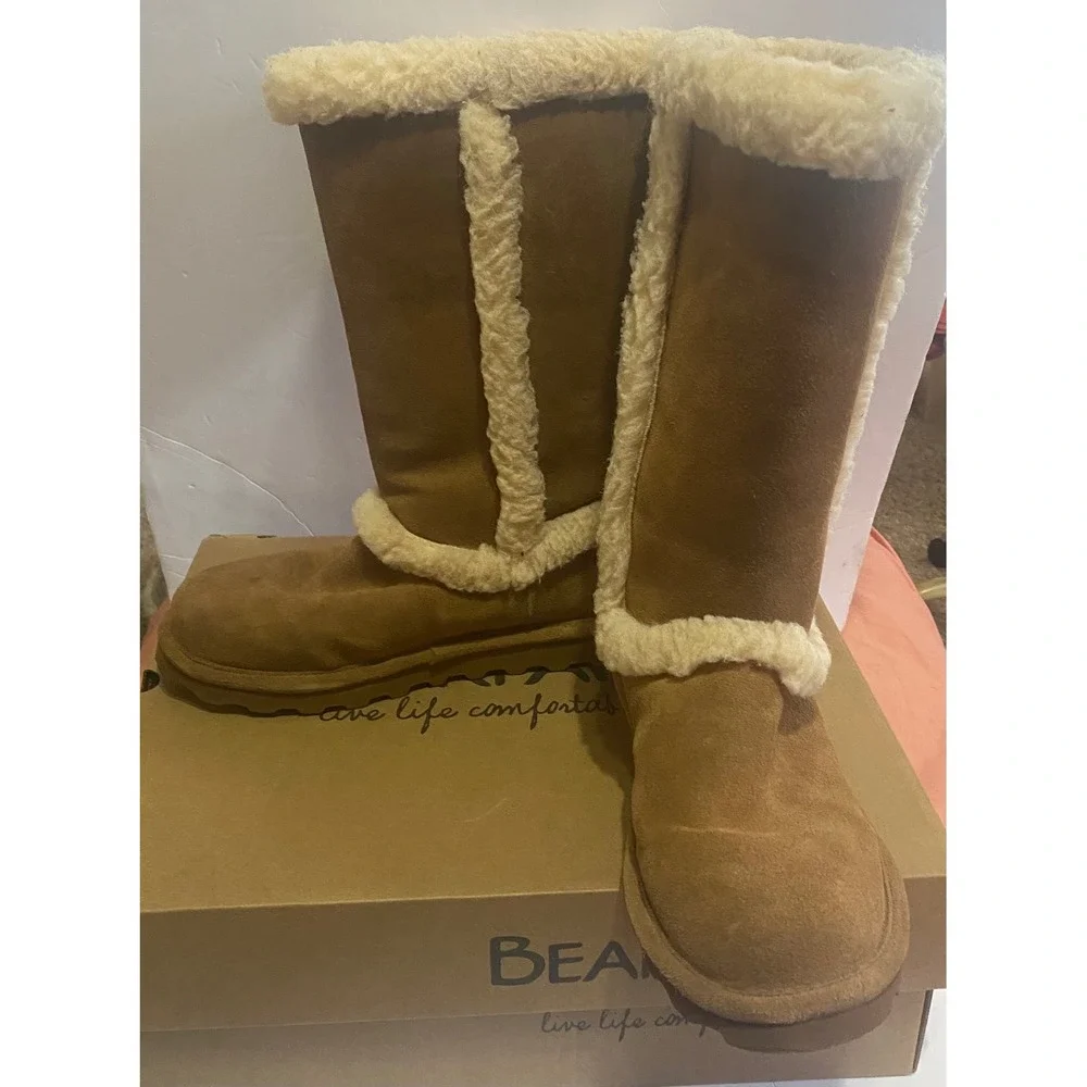 Bearpaw KendallTall Hickory Suede Fur Trim Winter Boots Brown Women's Size 8